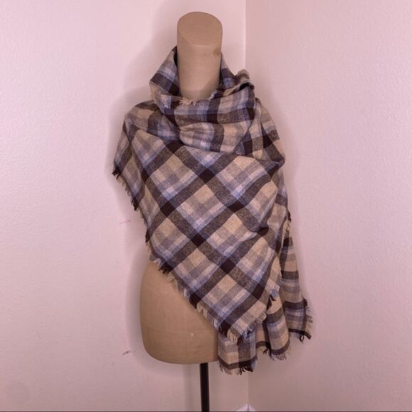 Wool Blend Brown and Cream Plaid Wrap - Picture 1 of 9